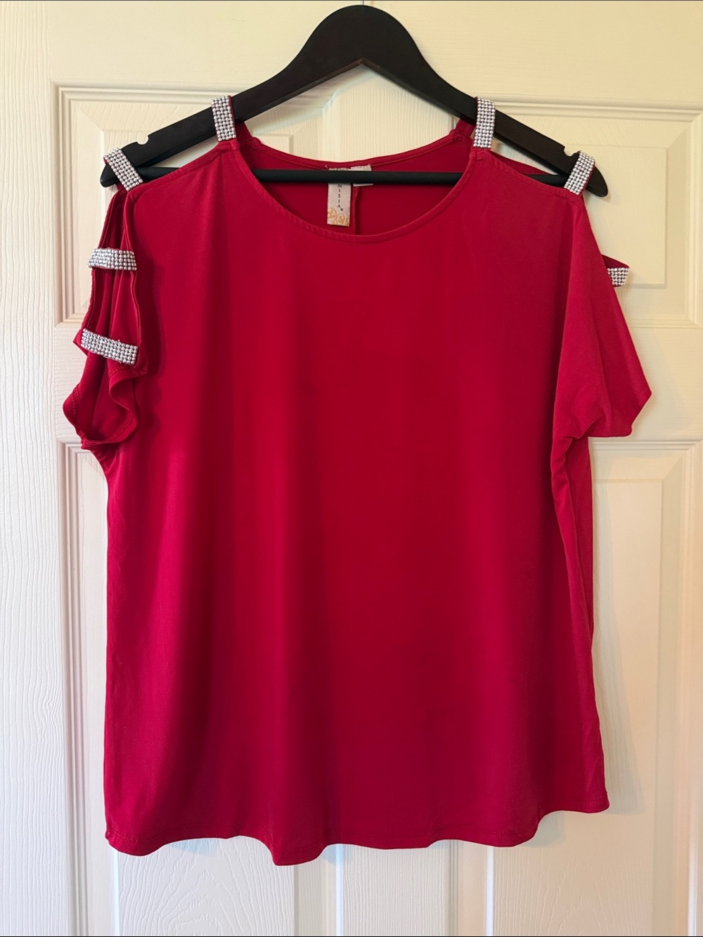 Misia Red Cold-Shoulder Blouse with Rhinestone-Strap Detail